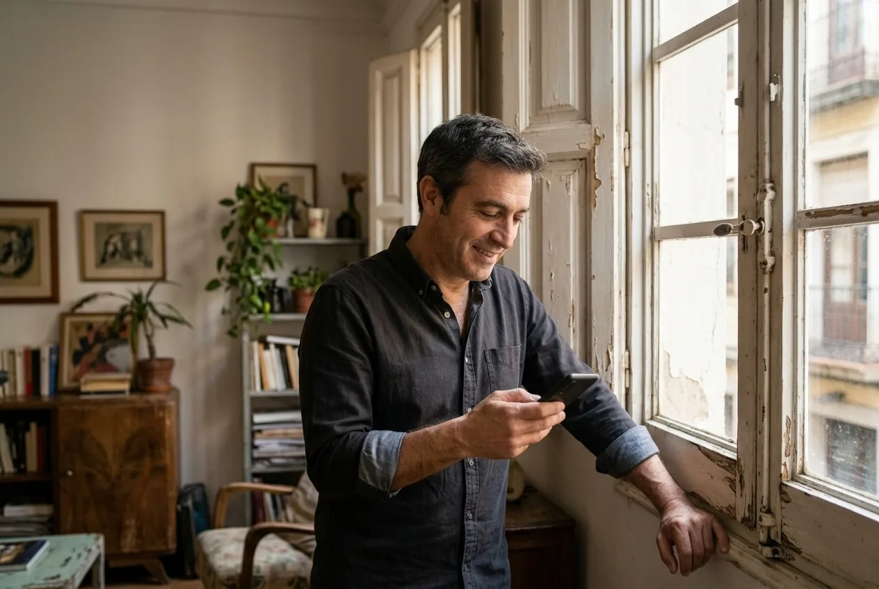 Imagen ilustrativa: un cliente, junto a una ventana vieja de su casa, pide presupuesto por WhatsApp