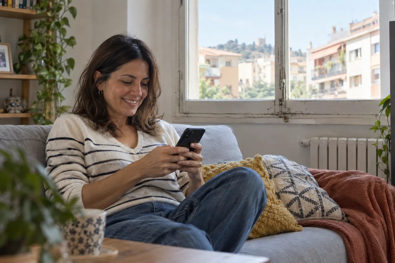 Imagen ilustrativa: una clienta en el sofá de su casa chatea por WhatsApp con el chatbot de una empresa de ventanas