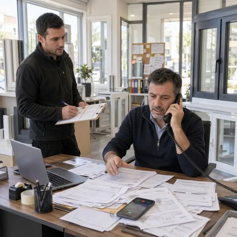 Imagen ilustrativa: el dueño de una empresa de ventanas atiende varias cosas a la vez