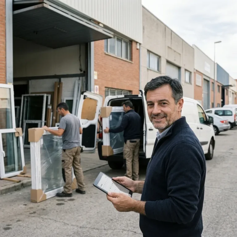 Imagen ilustrativa: furgonetas cargando ventanas y el dueño supervisando